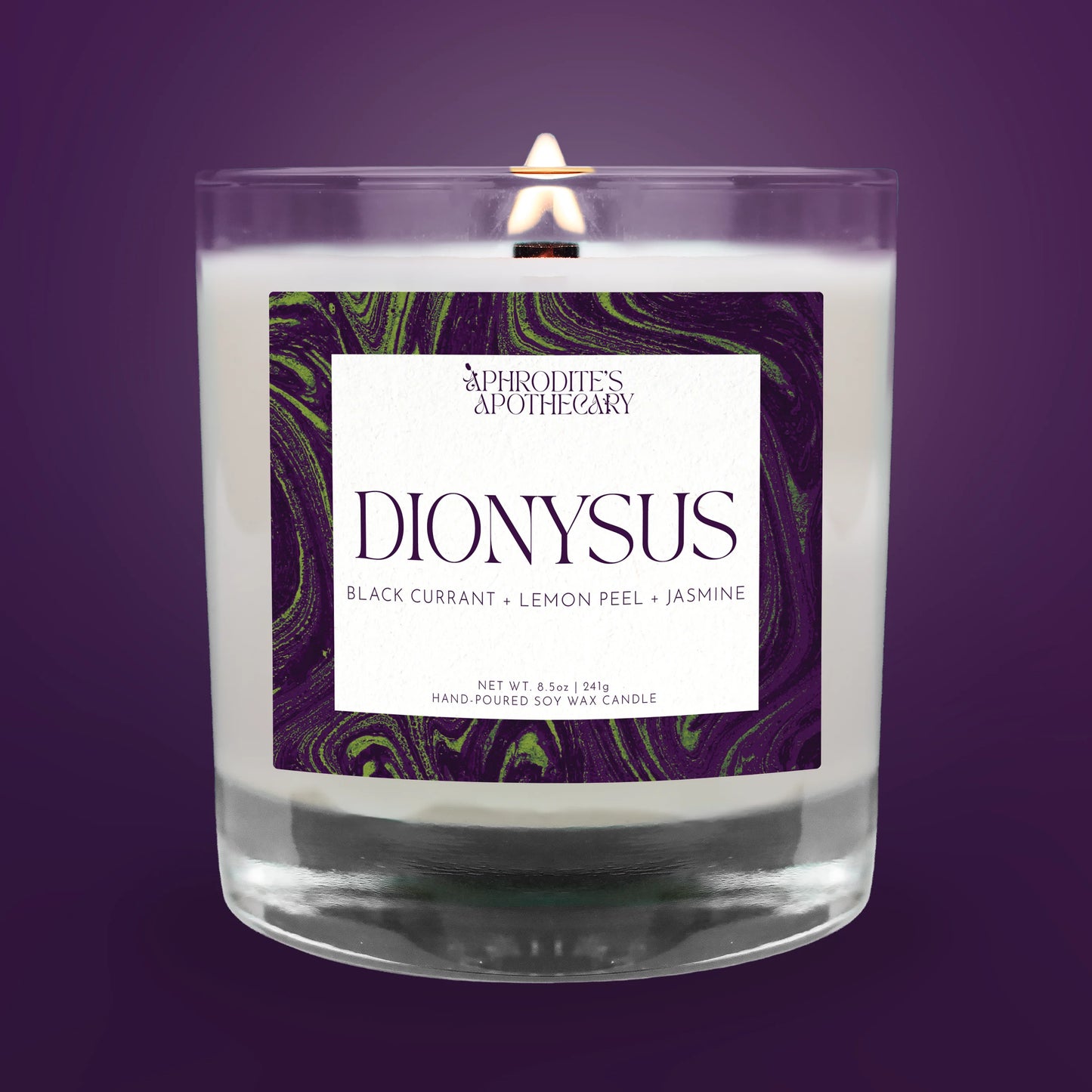 Dionysus Candle on a purple background