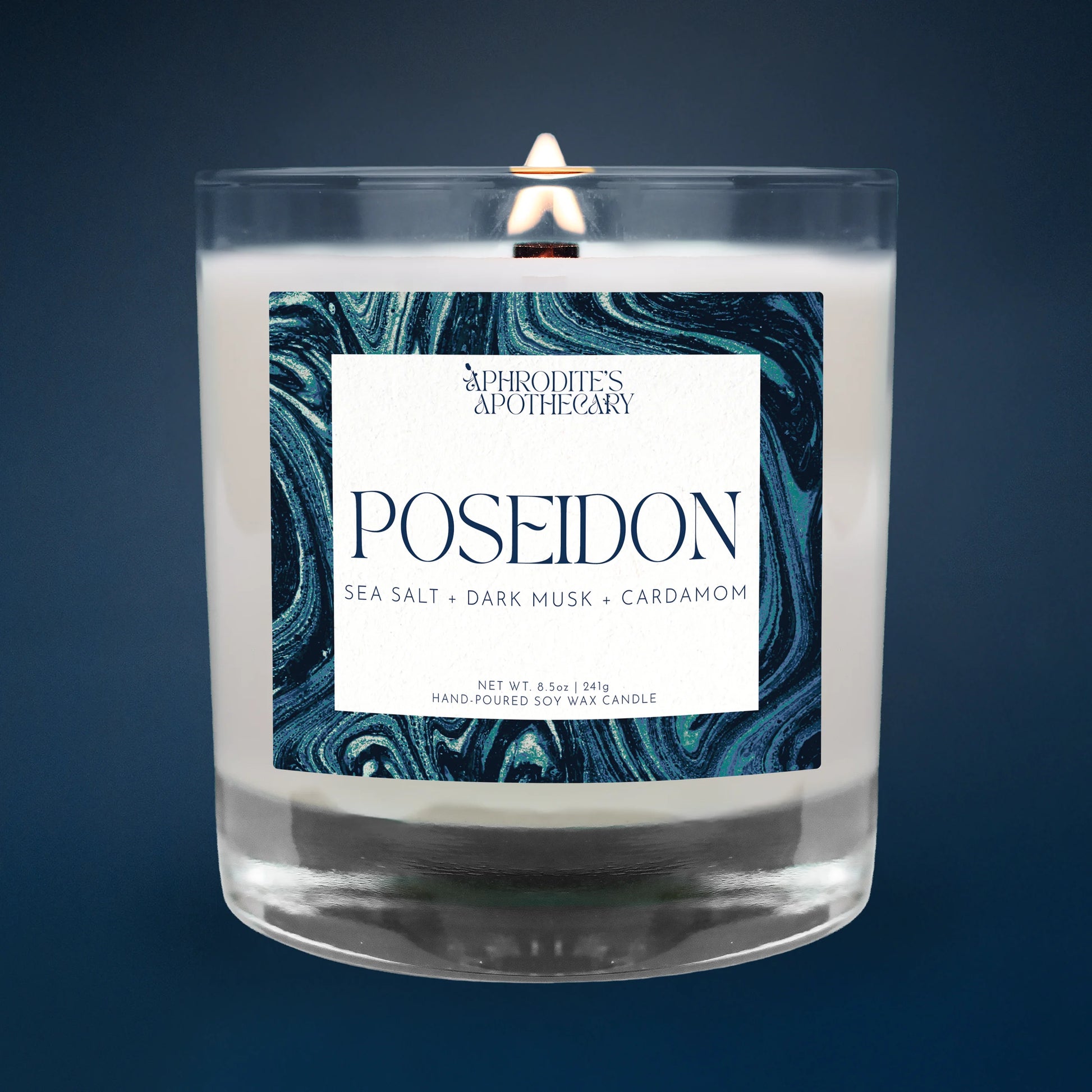 Poseidon Candle on a navy blue background