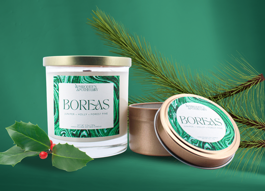 Boreas Candle 8.5 oz and Boreas Candle 4 oz on green background with pine branches and holly