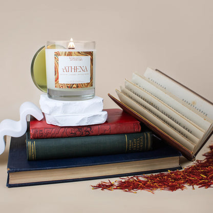 Athena Candle 8.5 oz on Greek Themed photo set with antique rare books and saffron stems